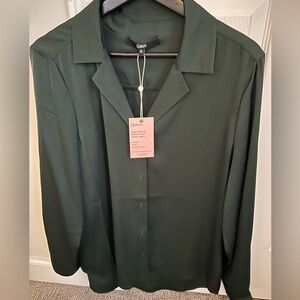 Washable Stretch Silk Notch Collar Blouse Forest Green